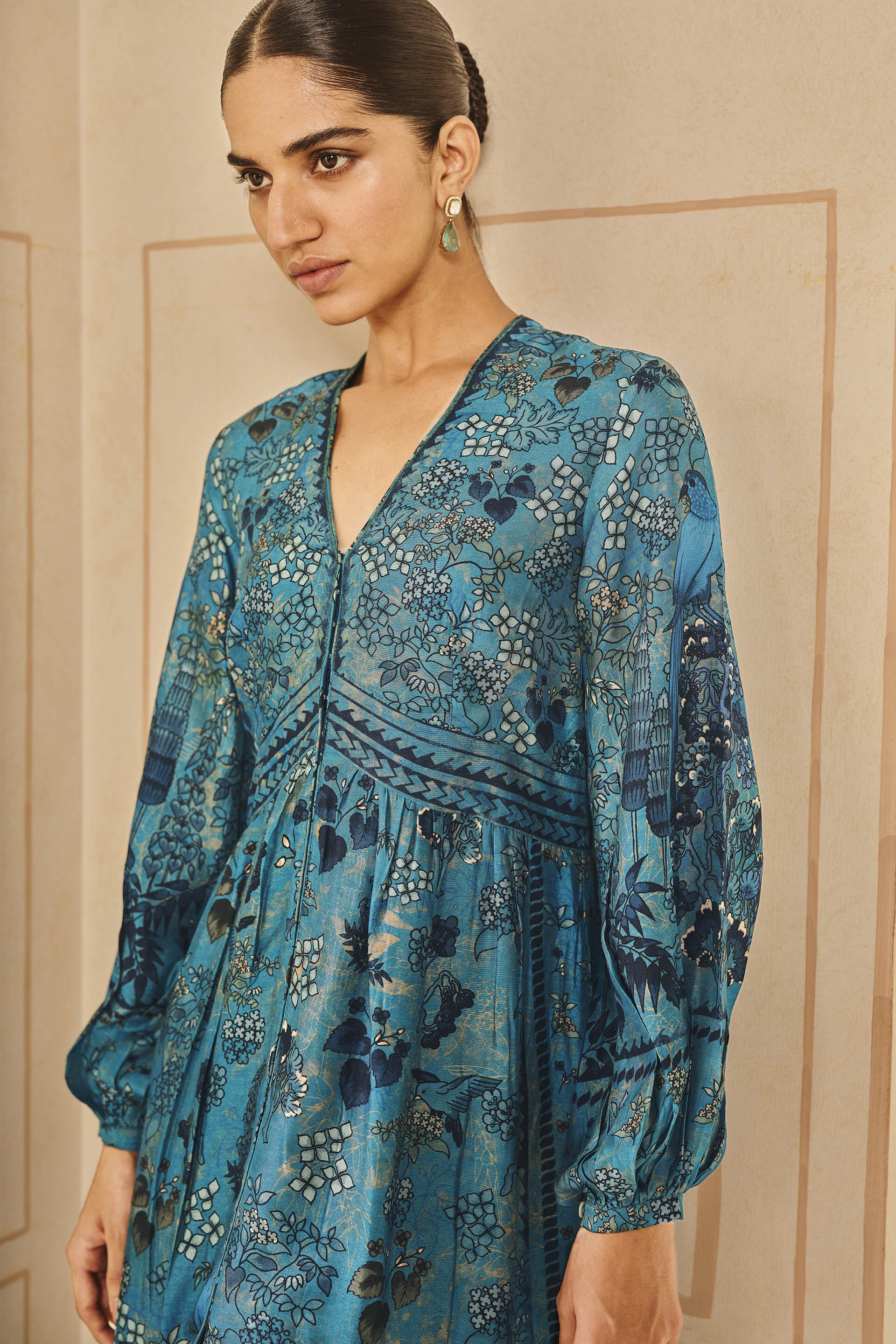 Buy Designer Avis Printed Silk Dress Blue Online from Anita Dongre